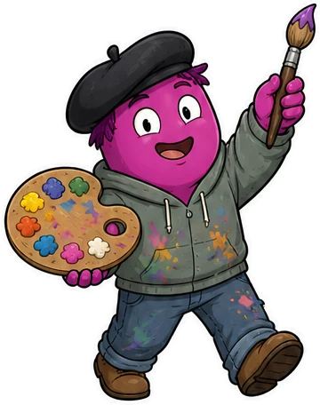 An Artist in a beret, holding up a paintbrush and a loaded palette