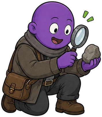 A Scientist crouching to examine a rock through a magnifying glass