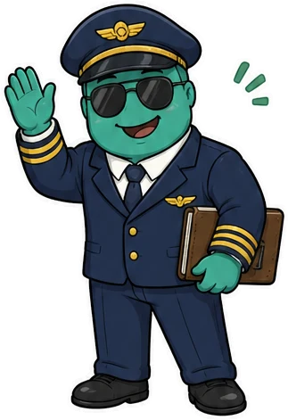 A Traveller in a pilot’s uniform and sunglasses, waving