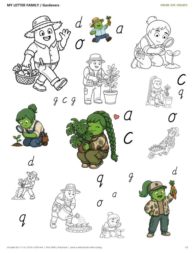 The Gardeners sticker sheet: characters and loose cursive letters ready to cut out